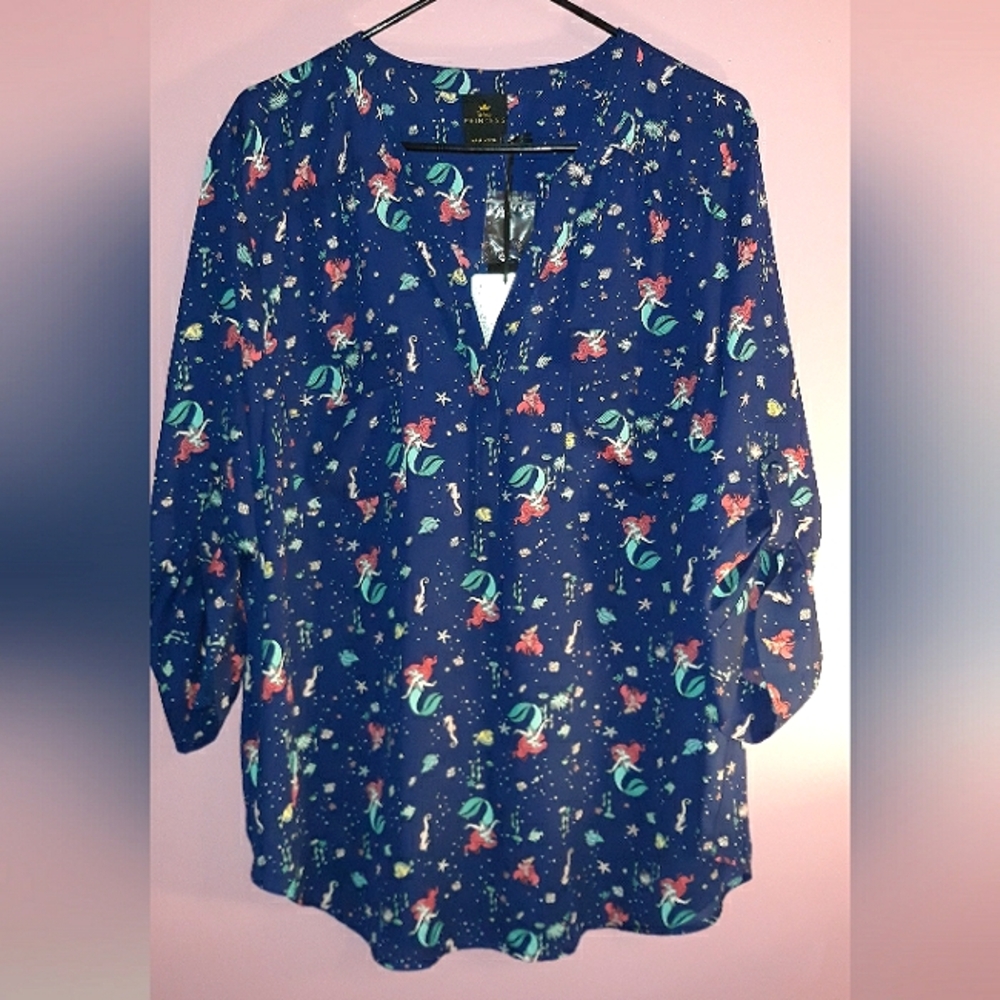 New 3x Disney The Little Mermaid Harper Blouse  Georgette Ariel & Flounder Navy